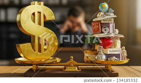 Golden dollar sign balancing on scales against books nature heart globe humanity values tired businessman background financial crisis moral dilemma corruption Golden dollar sign balancing on scales against books nature heart globe humanity values tired businessman background financial crisis moral dilemma corruption 134185332
