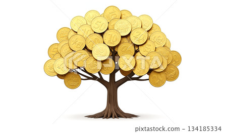 Golden coin tree with currency leaves isolated on white background showing financial growth investment profit wealth prosperity banking economy success budget 134185334