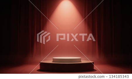 Round platform with glowing spotlight minimalist stage in red curtain background dramatic product placement emphasis clean design 134185343