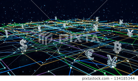 Digital grid of international currency symbols connected by colorful lines, fintech concept representing global financial markets and online trading platforms for forex Digital grid of international currency symbols connected by colorful lines, fintech concept representing global financial markets and online trading platforms for forex 134185344