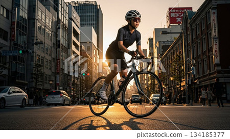 一位微笑的女子在晨曦的襯托下奔跑。 134185377