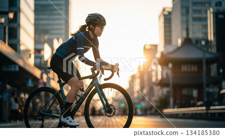 A smiling woman running with the morning sun behind her A smiling woman running with the morning sun behind her 134185380