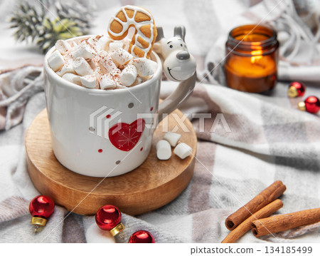 Hot chocolate with marshmallows and gingerbread cookie for christmas Hot chocolate with marshmallows and gingerbread cookie for christmas 134185499
