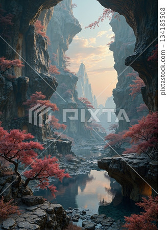 An image of a narrow gorge or canyon with pink trees and a river An image of a narrow gorge or canyon with pink trees and a river 134185508