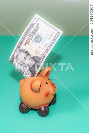A twenty-dollar bill is placed in a piggy bank, symbolizing savings and financial planning in a clean and colorful setting. 134185867