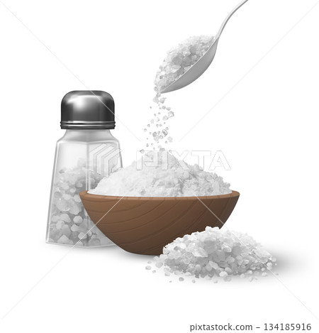 Realistic salt or sugar crystal powder pile in bowl, spoon and salt shaker composition, 3d vector cooking ingredient Realistic salt or sugar crystal powder pile in bowl, spoon and salt shaker composition, 3d vector cooking ingredient 134185916