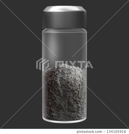 Hawaiian black volcanic salt in salt shaker, realistic natural mineral powder in glass bottle, 3d vector seasoning Hawaiian black volcanic salt in salt shaker, realistic natural mineral powder in glass bottle, 3d vector seasoning 134185918