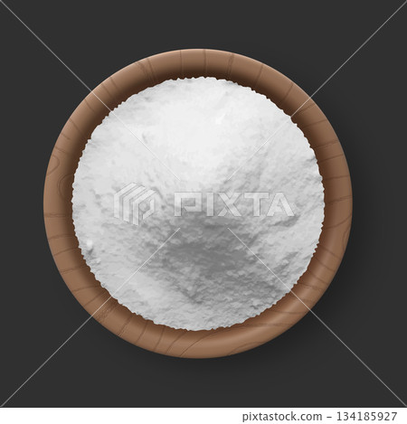 Realistic regular salt pile in the bowl top view on grey, 3d vector white natural mineral grains, cooking ingredient Realistic regular salt pile in the bowl top view on grey, 3d vector white natural mineral grains, cooking ingredient 134185927