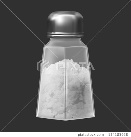 Realistic glass jar with a metal lid and white salt inside, salt shaker. Realistic glass jar with a metal lid and white salt inside, salt shaker. 134185928