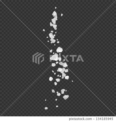 Realistic white crystals falling, sea or table salt, isolated on a transparent dark background. Realistic white crystals falling, sea or table salt, isolated on a transparent dark background. 134185945