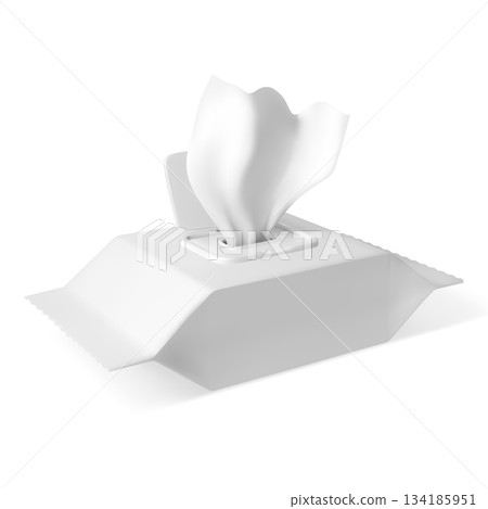 A realistic 3D white wet wipe package with an open lid and a wipe sticking out. 134185951