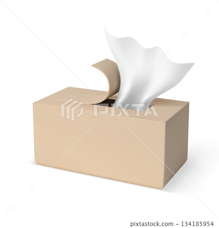 3D open cardboard box with a single white paper napkin protruding from the slot. 3D open cardboard box with a single white paper napkin protruding from the slot. 134185954