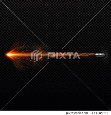 A flying metal bullet with a fiery, glowing trail, dust, and sparks. A flying metal bullet with a fiery, glowing trail, dust, and sparks. 134185955