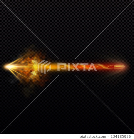 Flying golden bullet with a fiery trail, explosion, particles, smoke, and glow effect. 134185956