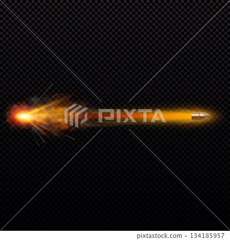 Golden bullet with a fiery trail, explosion, sparks, dust, shot trajectory, glow effect. 134185957
