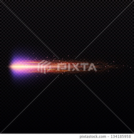 A bright red flash from a gunshot, glow effect, smoke, and particles. 134185958