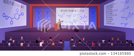 Flat background with a lecture hall, a screen with molecules, a speaker on stage, and an audience. Flat background with a lecture hall, a screen with molecules, a speaker on stage, and an audience. 134185980
