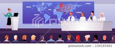 A horizontal poster of a lecture hall with speakers in white coats and an audience of listeners. A horizontal poster of a lecture hall with speakers in white coats and an audience of listeners. 134185981