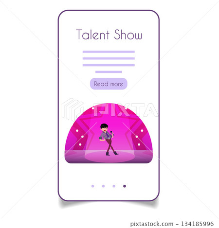 Smartphone screen with a character performing on stage. Advertising, events, entertainment program, competition. For an app, media website. Vector flat illustration. Space for text. Smartphone screen with a character performing on stage. Advertising, events, entertainment program, competition. For an app, media website. Vector flat illustration. Space for text. 134185996