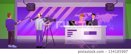 TV news in studio interior with backstage, vector cartoon TV journalists and newscasters sitting at table on stage TV news in studio interior with backstage, vector cartoon TV journalists and newscasters sitting at table on stage 134185997