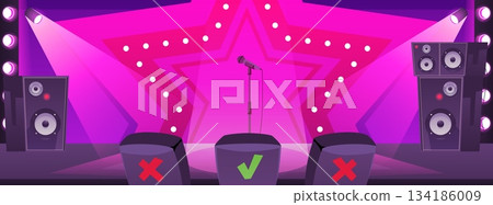 Talent show stage, TV translation of a singing show and celebrity jury places behind, vector cartoon media background 134186009