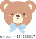 Cute Teddy Bear Face with Blue Bow 134186017