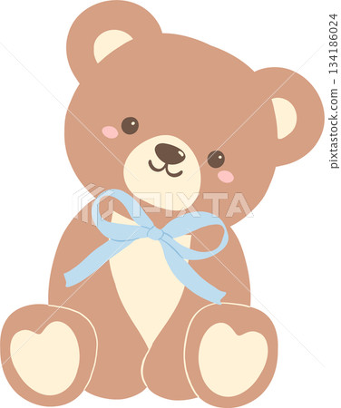 Cute Teddy Bear with Blue Ribbon Bow 134186024