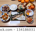 A typical Japanese restaurant menu item: Grilled fish set meal (grilled salted mackerel, beef dish, and simmered pumpkin) 134186031
