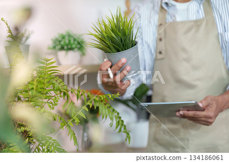 Gardening and Care. A person holding a potted plant while using a tablet in a bright workspace. Gardening and Care. A person holding a potted plant while using a tablet in a bright workspace. 134186061