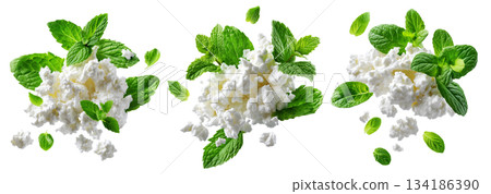 Fresh cottage cheese with green mint leaves, isolated on white background, concept of healthy food and freshness 134186390