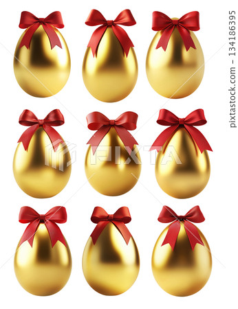 Golden Easter egg with red bow on top, isolated on white transparent background. Symbol of luxury and holiday festivity 134186395