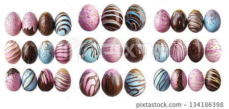 Luxurious chocolate Easter eggs with pastel and dark chocolate coatings, isolated on white background 134186398