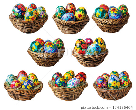 Wicker basket filled with colorful Easter eggs decorated with patterns, isolated on white transparent background. 134186404