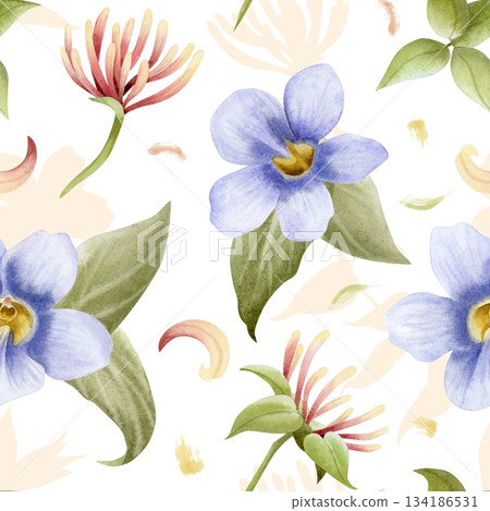 Honeysuckle and purple Thunbergia vine flowers with petals watercolor seamless pattern on white. Pastel violet and pink floral plant hand drawn repeat background. Botanical floral tropical nature 134186531