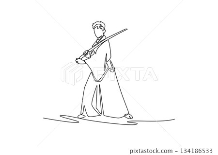 Continuous one line drawing captivating samurai master in traditional robes, standing in wide stance, holding katana diagonally upward and forward. Single line draw design vector graphic illustration 134186533