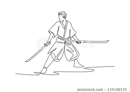 Continuous one line drawing forceful human samurai master in traditional robes standing in wide stance, fiercely wielding two swords in strong pose. Single line draw design vector graphic illustration Continuous one line drawing forceful human samurai master in traditional robes standing in wide stance, fiercely wielding two swords in strong pose. Single line draw design vector graphic illustration 134186535