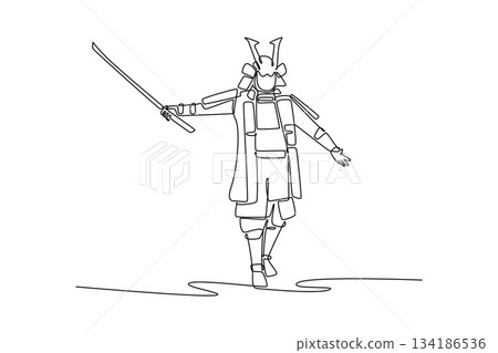Continuous one line drawing composed human samurai warrior in full armor, marching or walking with one hand holding katana, showing quiet readiness. Single line draw design vector graphic illustration Continuous one line drawing composed human samurai warrior in full armor, marching or walking with one hand holding katana, showing quiet readiness. Single line draw design vector graphic illustration 134186536
