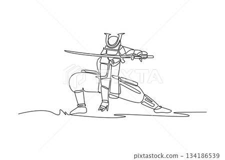 Single continuous line drawing focused samurai in full armor, positioned in a low kneeling lunge, holding katana forward, indicating aggressive attack. One line draw graphic design vector illustration 134186539