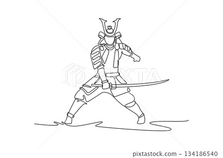 Single continuous line drawing bold samurai in full armor, holding katana across body in classic defensive or pre-attack side stance. Discipline focus. One line draw graphic design vector illustration Single continuous line drawing bold samurai in full armor, holding katana across body in classic defensive or pre-attack side stance. Discipline focus. One line draw graphic design vector illustration 134186540