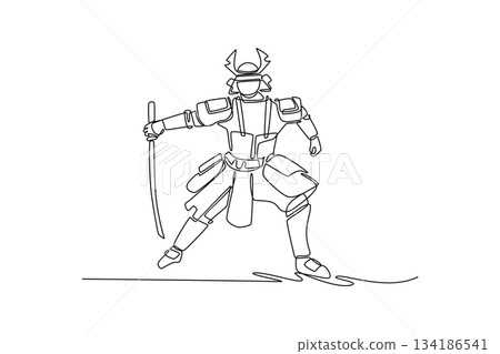 Single continuous line drawing samurai in full armor taking aggressive forward-leaning stance with katana held low, ready for decisive sweep or attack. One line draw graphic design vector illustration Single continuous line drawing samurai in full armor taking aggressive forward-leaning stance with katana held low, ready for decisive sweep or attack. One line draw graphic design vector illustration 134186541