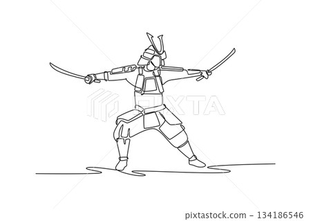 Single continuous line drawing imposing samurai warrior in traditional armor, standing in wide stance and wielding two swords. Representing discipline. One line draw graphic design vector illustration 134186546