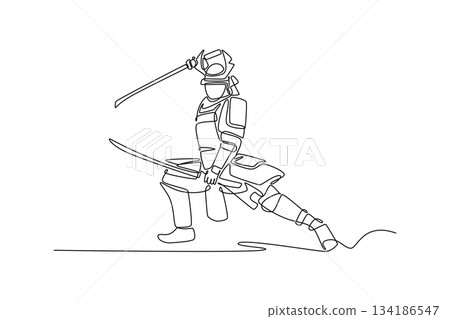 Single continuous line drawing samurai in full armor, lunging forward with two swords in powerful attack pose. Decisive action and historical warfare. One line draw graphic design vector illustration Single continuous line drawing samurai in full armor, lunging forward with two swords in powerful attack pose. Decisive action and historical warfare. One line draw graphic design vector illustration 134186547