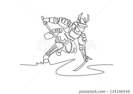 Single one line drawing powerful samurai warrior in full armor and helmet, taking a low stance while drawing sword, depicting combat readiness. Continuous line draw design graphic vector illustration 134186548