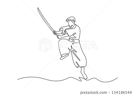 Single one line drawing human samurai warrior balancing on one leg while holding katana diagonally upwards. Intense focus and dynamic movement. Continuous line draw design graphic vector illustration 134186549