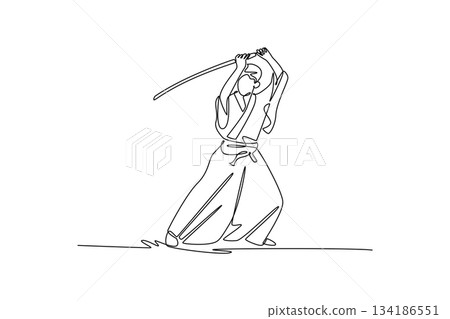 Single one line drawing samurai warrior holding sharp katana above head, poised for powerful downward cut or strike. Focus, power, discipline. Continuous line draw design graphic vector illustration 134186551