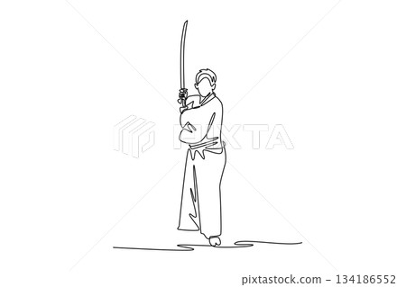 Single one line drawing powerful human samurai standing upright holding katana vertically in front of chest, suggesting moment of intense focus. Continuous line draw design graphic vector illustration Single one line drawing powerful human samurai standing upright holding katana vertically in front of chest, suggesting moment of intense focus. Continuous line draw design graphic vector illustration 134186552
