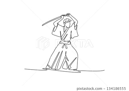 Single one line drawing powerful samurai warrior holding sharp katana above his head in ready to strike position. Japanese martial arts spirit. Continuous line draw design graphic vector illustration 134186555