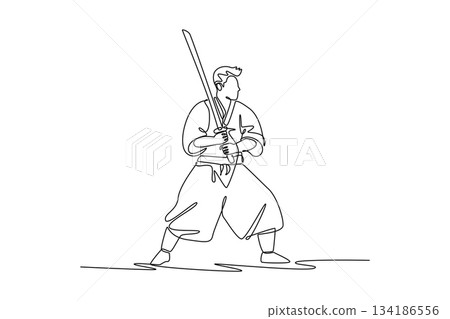 Continuous one line drawing steady samurai warrior in traditional robes standing firm in wide stance, holding katana vertically up, ready to strike. Single line draw design vector graphic illustration Continuous one line drawing steady samurai warrior in traditional robes standing firm in wide stance, holding katana vertically up, ready to strike. Single line draw design vector graphic illustration 134186556