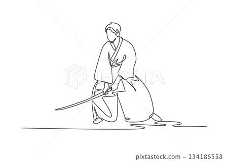 Continuous one line drawing focused human samurai master in traditional robes, in low stance with katana extended. Precise drawing or cutting move. Single line draw design vector graphic illustration 134186558
