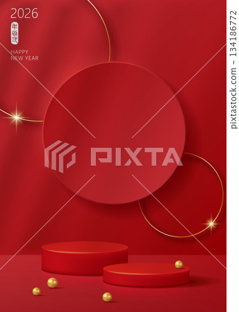 中國風農曆新年或元宵節與商品展示平台紅色背景直式海報廣告宣傳單向量素材圖片 134186772